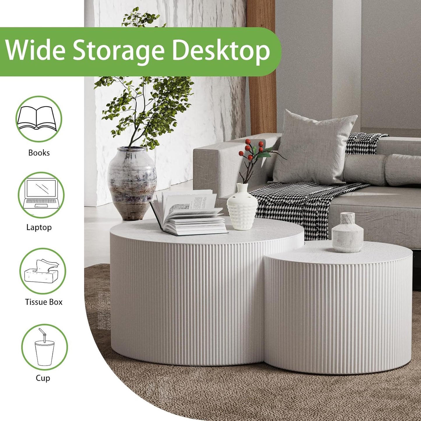 Round Coffee Table Set of 2, Nesting Coffee Table and End Table Set Small Circle Drum Side Table for Living Room Office, No Assembly (D White Crescent)