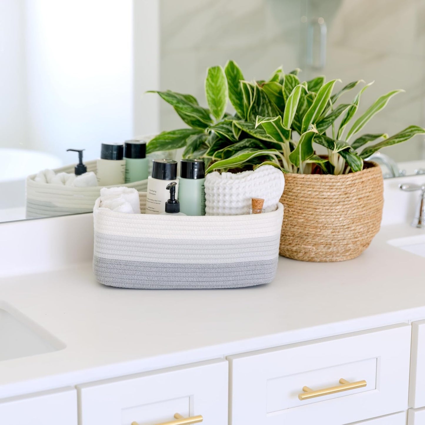 NaturalCozy 13.5”x8.5”x5.5” Rectangle Storage Baskets for Shelves 3 Pack | Cotton Rope Woven Small Baskets for Organizing | Small Storage Bins for Nursery, Bathroom, Closet, Shelf, Decorative