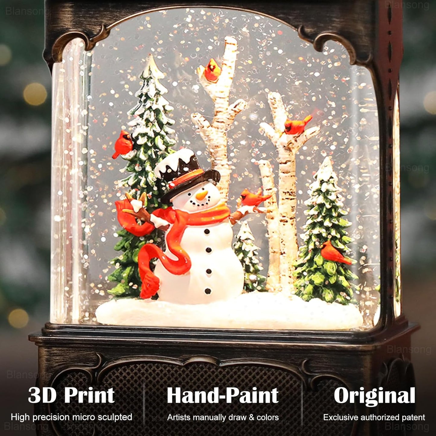 Snowman Snow Globe Lantern Christmas Decorations Gifts Auto Snowfall Glitter Music Collection Snowman Cardinal Birch Forest with 6H Timer USB/Battery Powered 10.2 inch