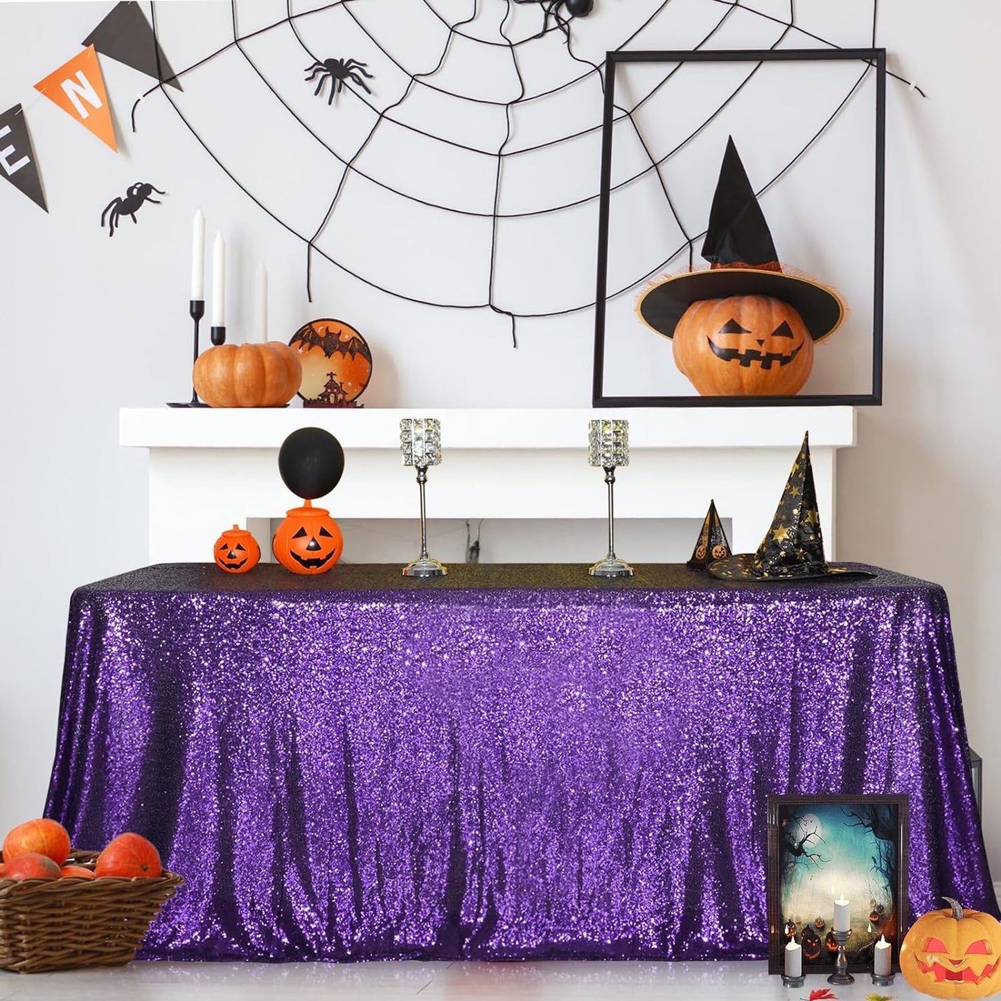 SquarePie Sequin Tablecloth 90 x 156 Inch Purple Sparkly Table Cloth for Wedding Halloween Party