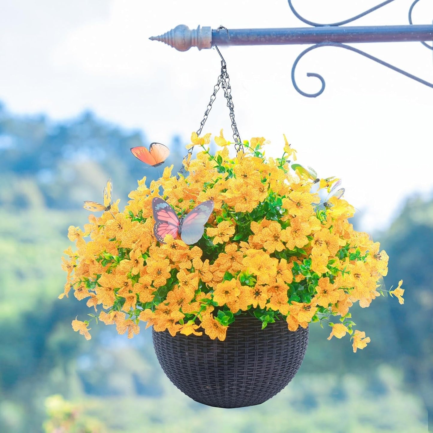 ‌20 Bundles Artificial Flowers for Outdoors‌ with 6 Faux Butterflies, UV Resistant ‌Fake Flowers‌ with Eucalyptus Leaves, ‌Artificial Plants Outdoor‌ for Patio Garden Porch Home Decor (Yellow)