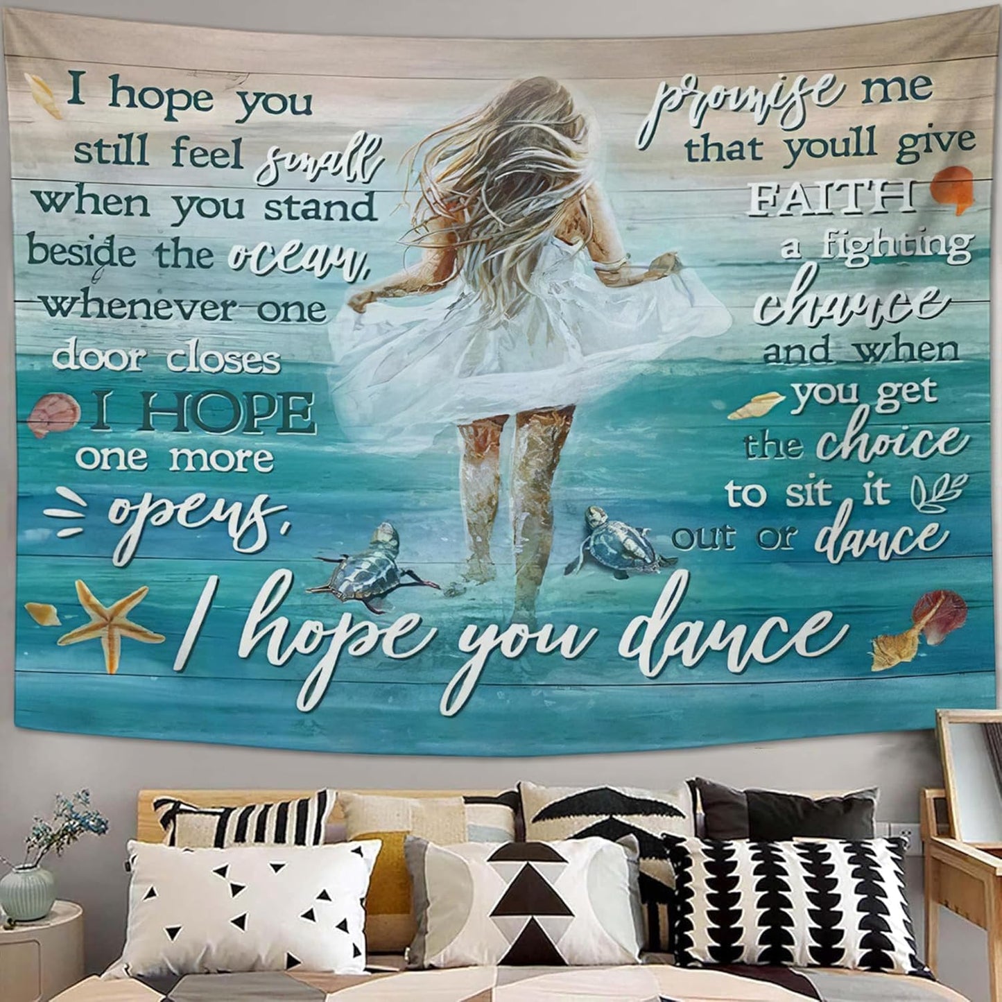 Coastal Beach Tapestry I Hope You Dance Tapestry Wall Hanging for Bedroom Sea Turtle Tapestries Aesthetic Wall Decor for Home Dorm Living Room 60"x90"