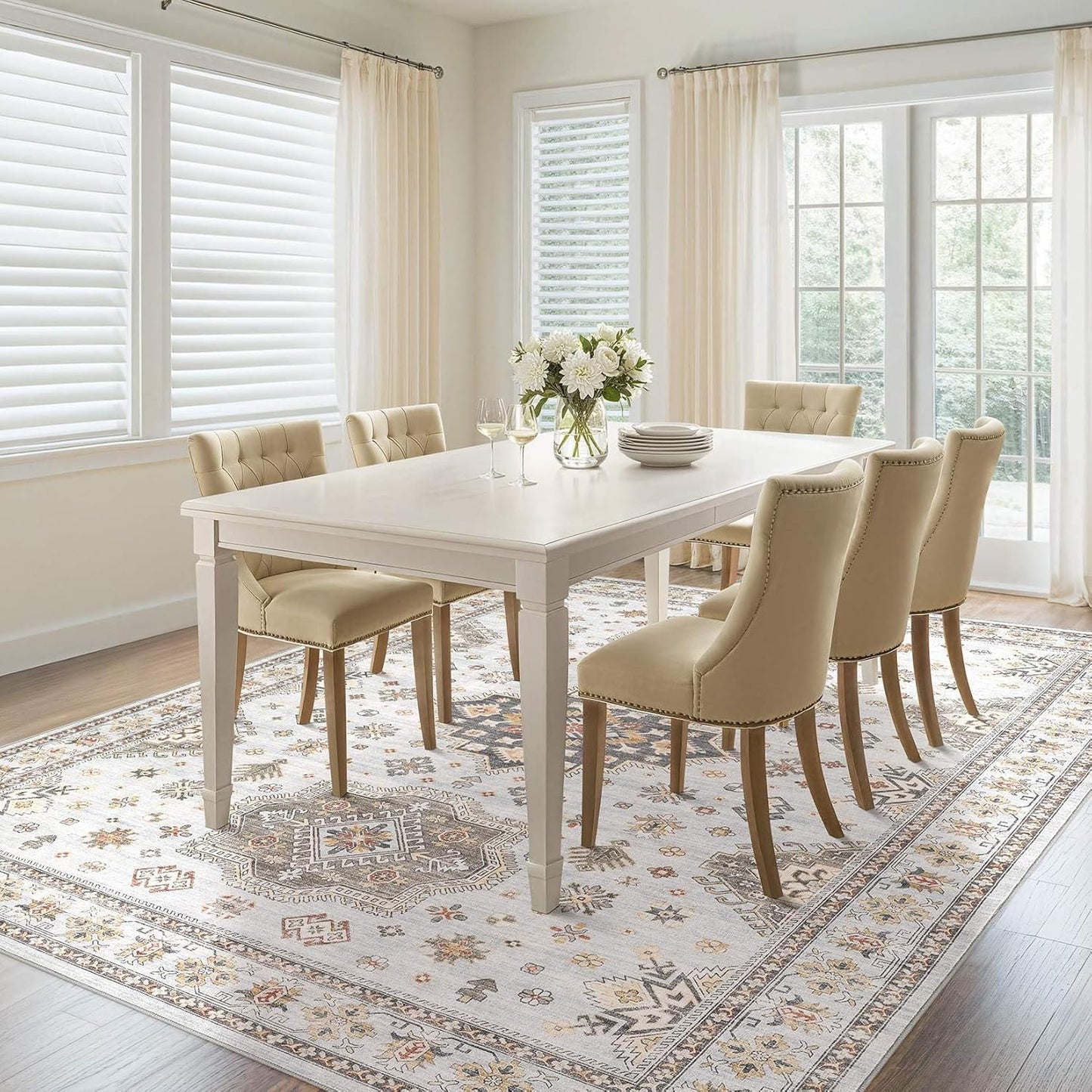 Washable Area Rugs for Living Room - 5x7 Neutral Vintage Distressed Floral Farmhouse Boho Large Soft Floor Rug Indoor Non Slip Carpet for Living Room Bedroom Dining Room Office - Blue Brown