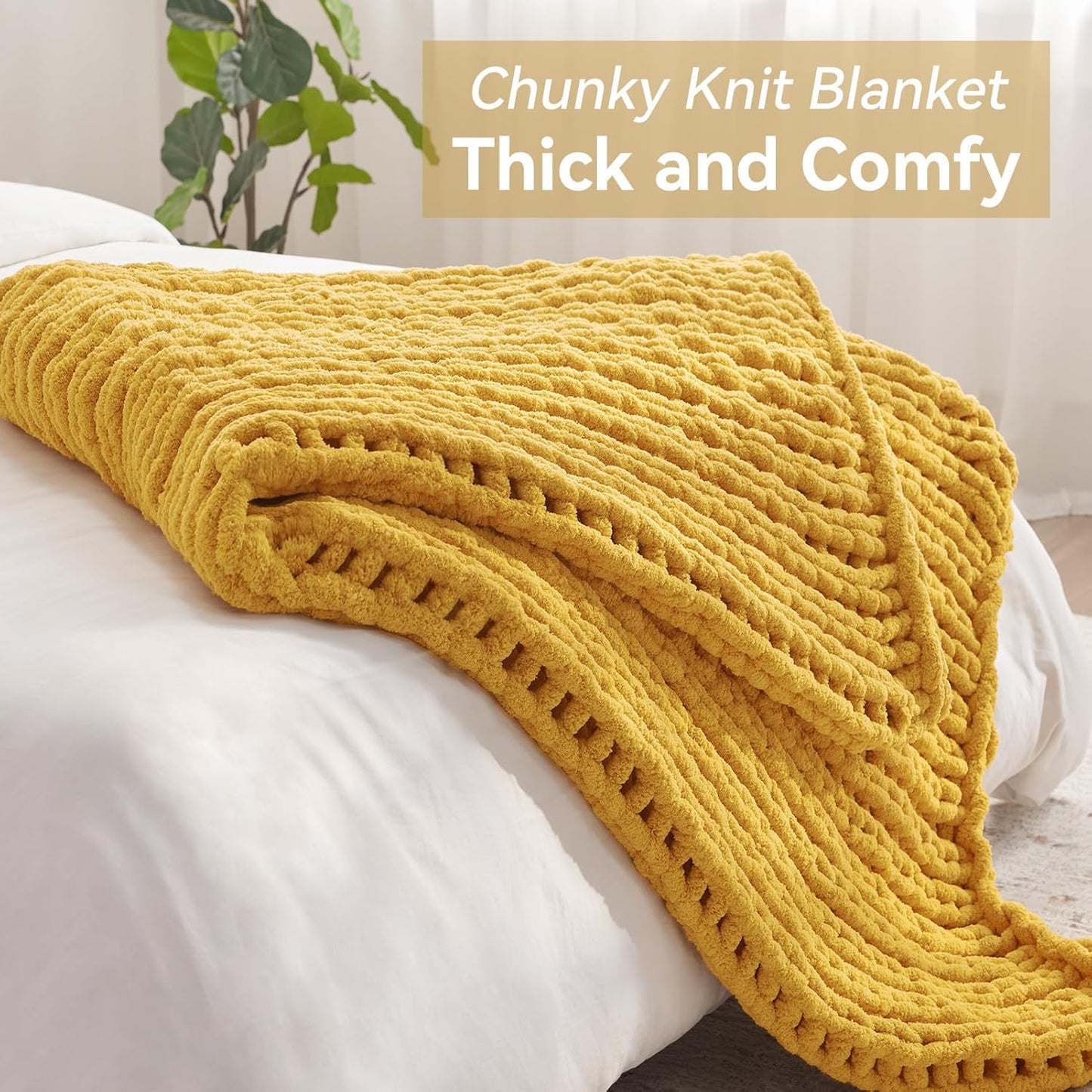 Chunky Knit Throw Blanket, 60''*80'' Knitted Throw Chenille Yarn for Bed Couch, Handmade Yellow Crochet Big Thick Blanket, Machine Washable Cute Comfy Blanket for Home Decor