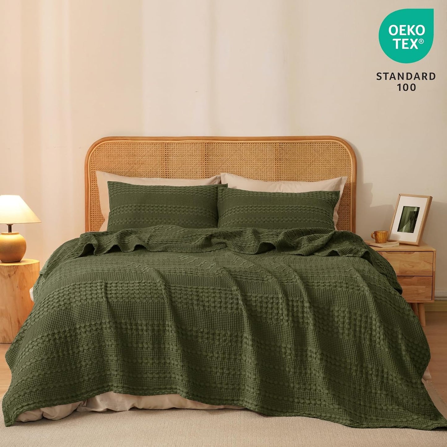 PHF 100% Cotton Waffle Weave Blanket Twin Size, Soft Lightweight Breathable Cozy Summer Blankets for Bed, Luxury Aesthetic Woven Bedding for Home Decor, 66"x90", Capulet Olive