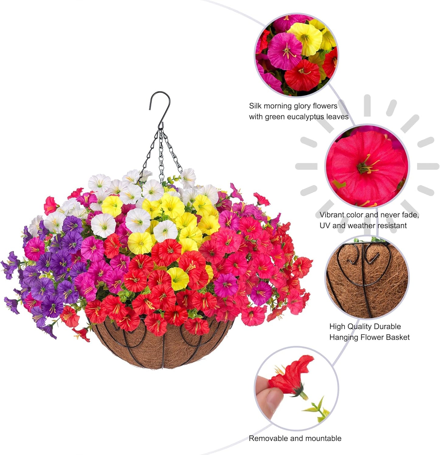 Artificial Faux Hanging Flowers Plants Basket for Outdoors, Silk Morning Glory with Eucalyptus in Planter Look Real UV Resistant Fake Flowers for Porch Outside Patio Balcony Yard Indoor Summer Decor