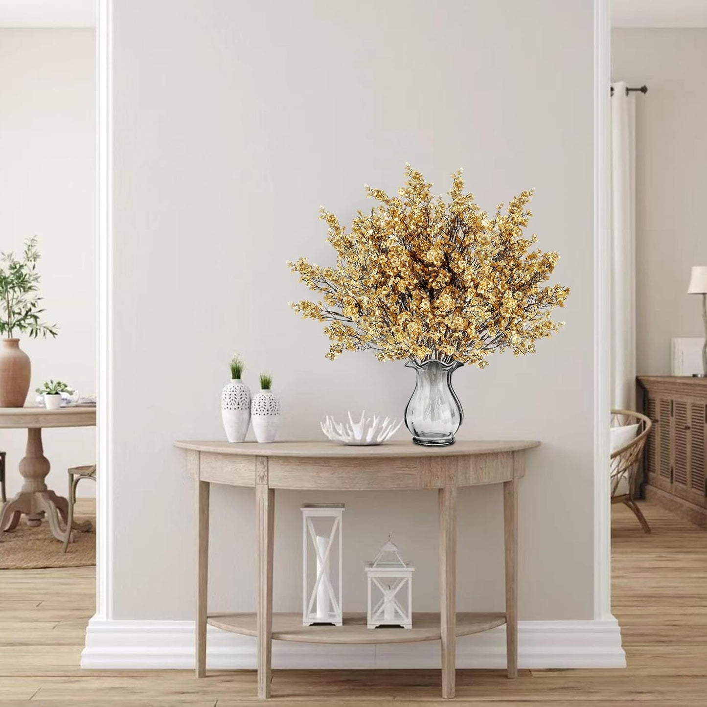 Sggvecsy 15 Pcs Babys Breath Artificial Flowers Gypsophila Bouquets Bulk Real Touch Fake Silk Flowers for Home Wedding DIY Floral Arrangement Kitchen Table Centerpiece Christmas Decoration (Gold)