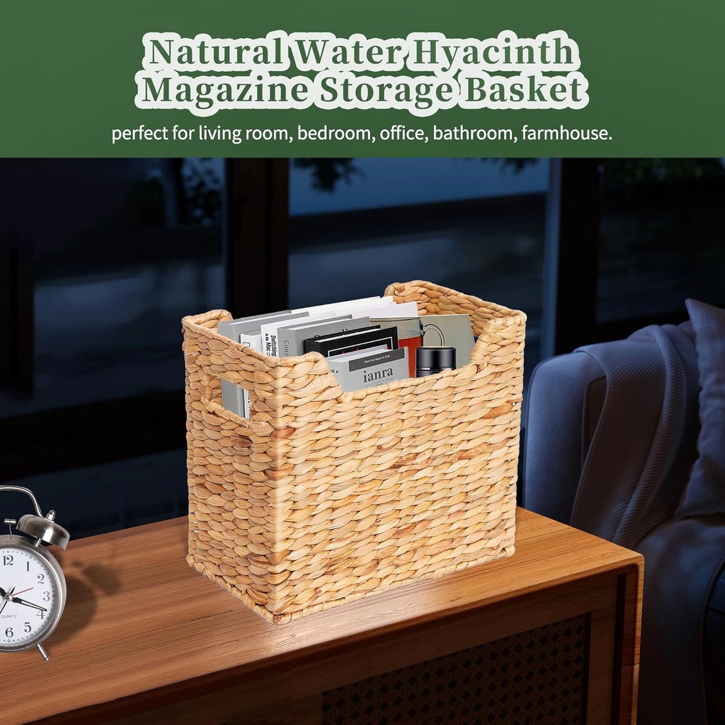 Magazines Holders, Handwoven Magazine Basket for Bathroom, Water Hyacinth Wicker Magazine Rack for Books, Files, Newspapers, Rectangular, 14.2 x 11.4 x 6.7 inch