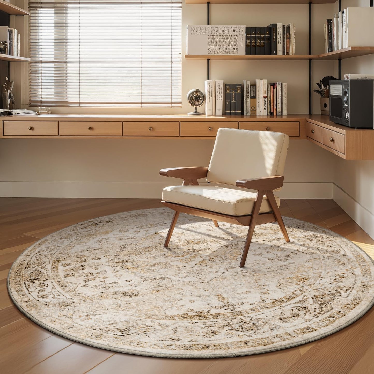 AMOAMI-6FT Round Rug-Rugs for Living Room-Vintage Soft Beige Rugs for Bedroom-Non Slip Circle Rug-Machine Washable Rug for Dining Room Living Room Bedroom Office Under Table