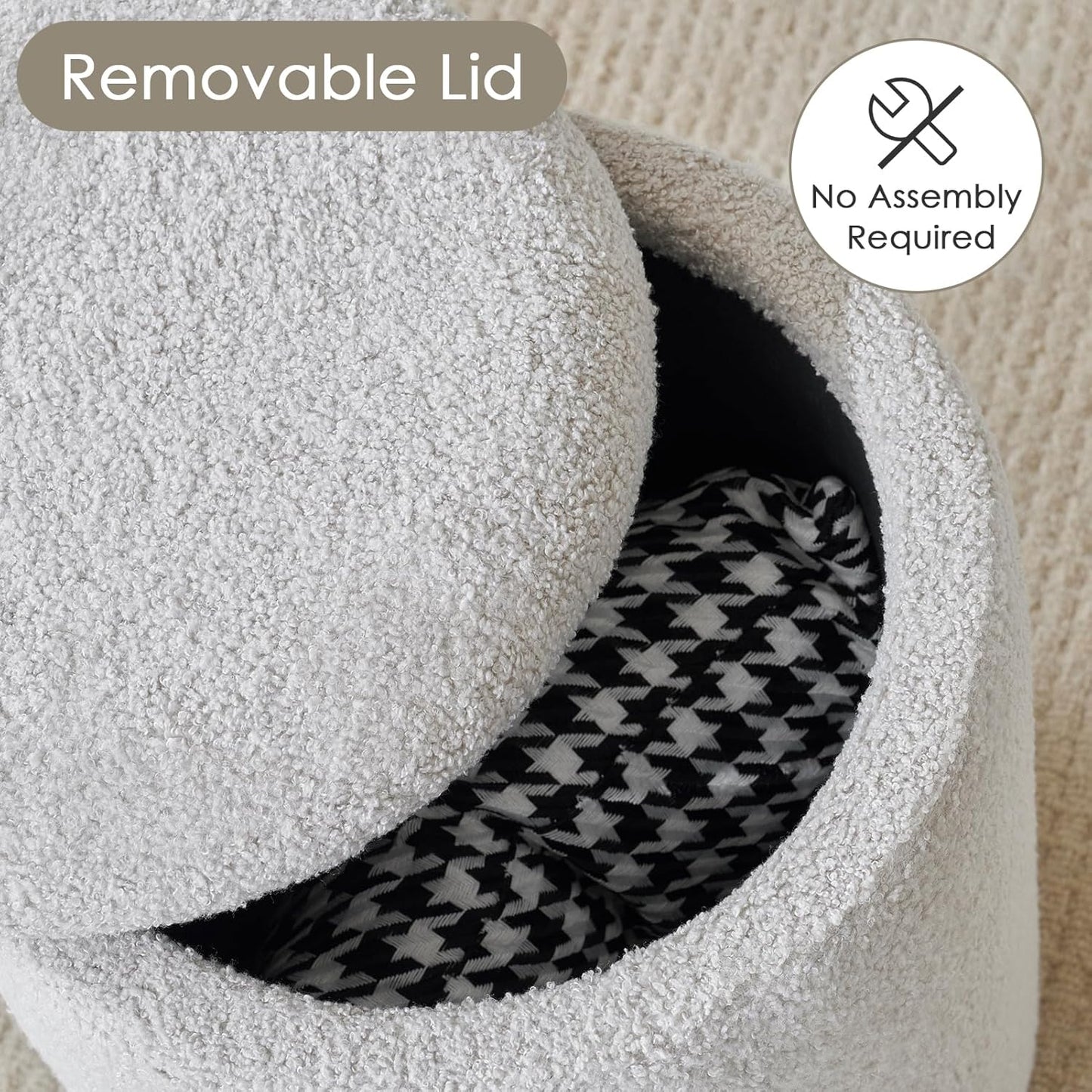 YFO Round Ottoman with Removable Lid Upholstered, Multifunctional Vanity Chairs for Makeup, Soft Footrest Stool Ottoman Foot Stool for Living Room, Bedroom, Boucle, Grey