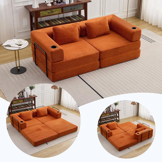 78" W Loveseat Sofa, 4 in 1 Convertible Floor Sofa Bed, Boneless Cloud Couch with Cup Holder, Fold Out Floor Couch, Loveseat Recliner Sleeper for Living Room Bedroom Lounge(Corduroy, White)