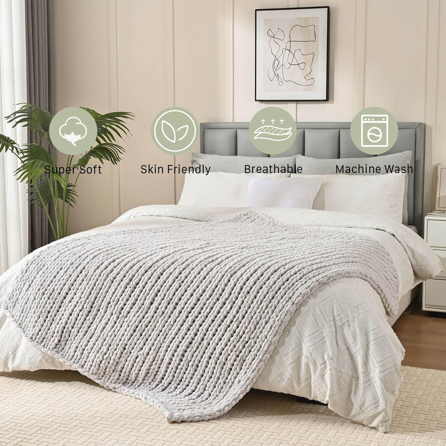 Esterra 100% Hand Knitted Chenille Throw Blanket, Cozy Soft Thick Cable Knit Throw, 40x50 Inches, Light Gray