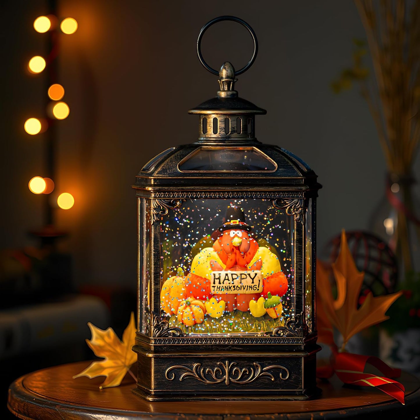 Fall Snow Globe Lantern -Thanksgiving Turkey with Pumpkins Spinning Water Lantern with Swirling Glitter Fall Decorations for Home, Thanksgiving, Autumn Harvest Fall Decor