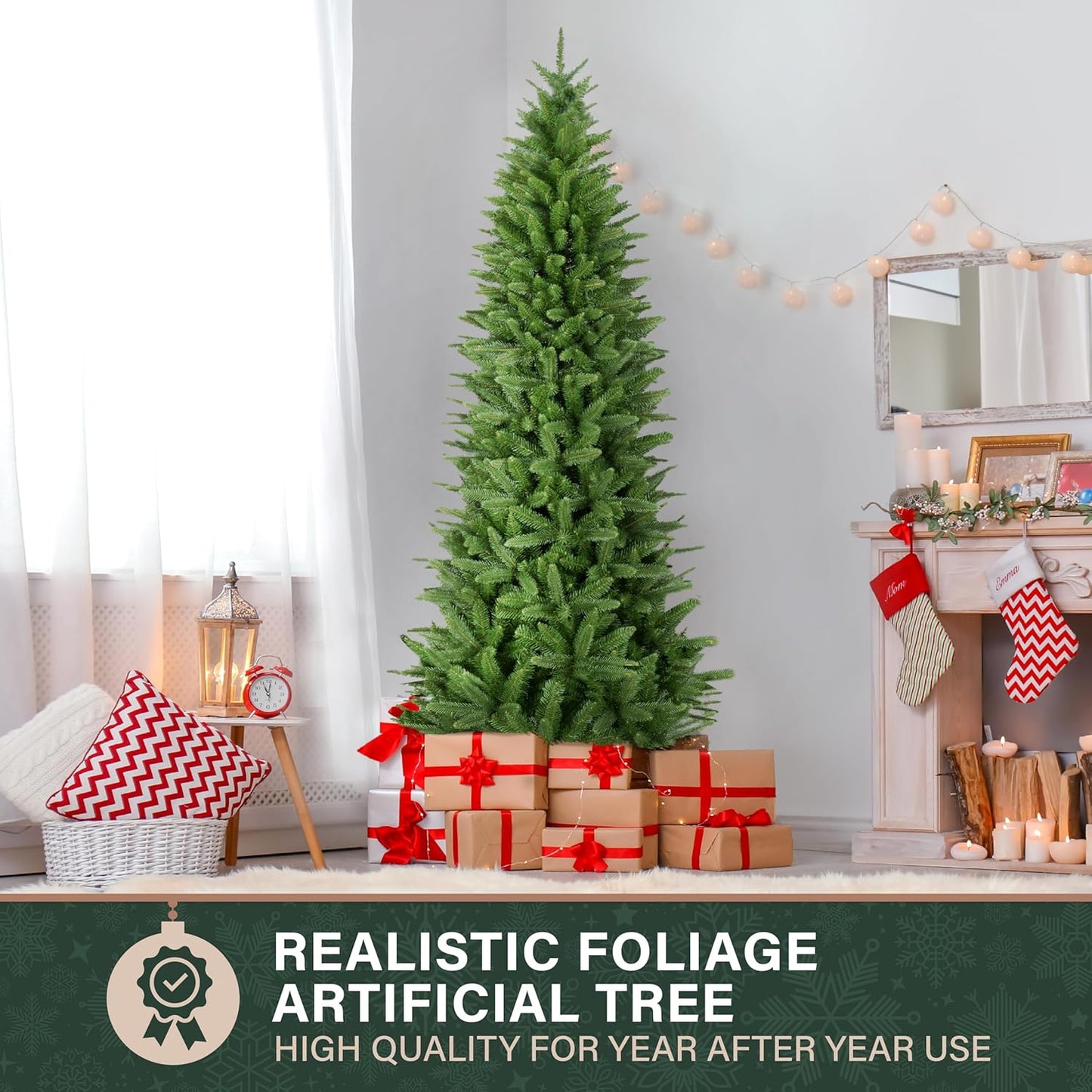 Fraser Hill Farm 7.5-Ft. Winter Falls Slim Artificial Christmas Tree with Stand and No Lights, Unlit Foldable Christmas Tree with Realistic Foliage for Home Decoration