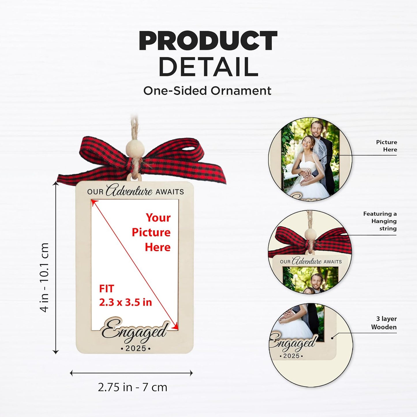 Christmas Photo Frame Ornament, 2025 Ornament, Wooden Picture Frame Ornaments With Hanging String (2025 Engaged)