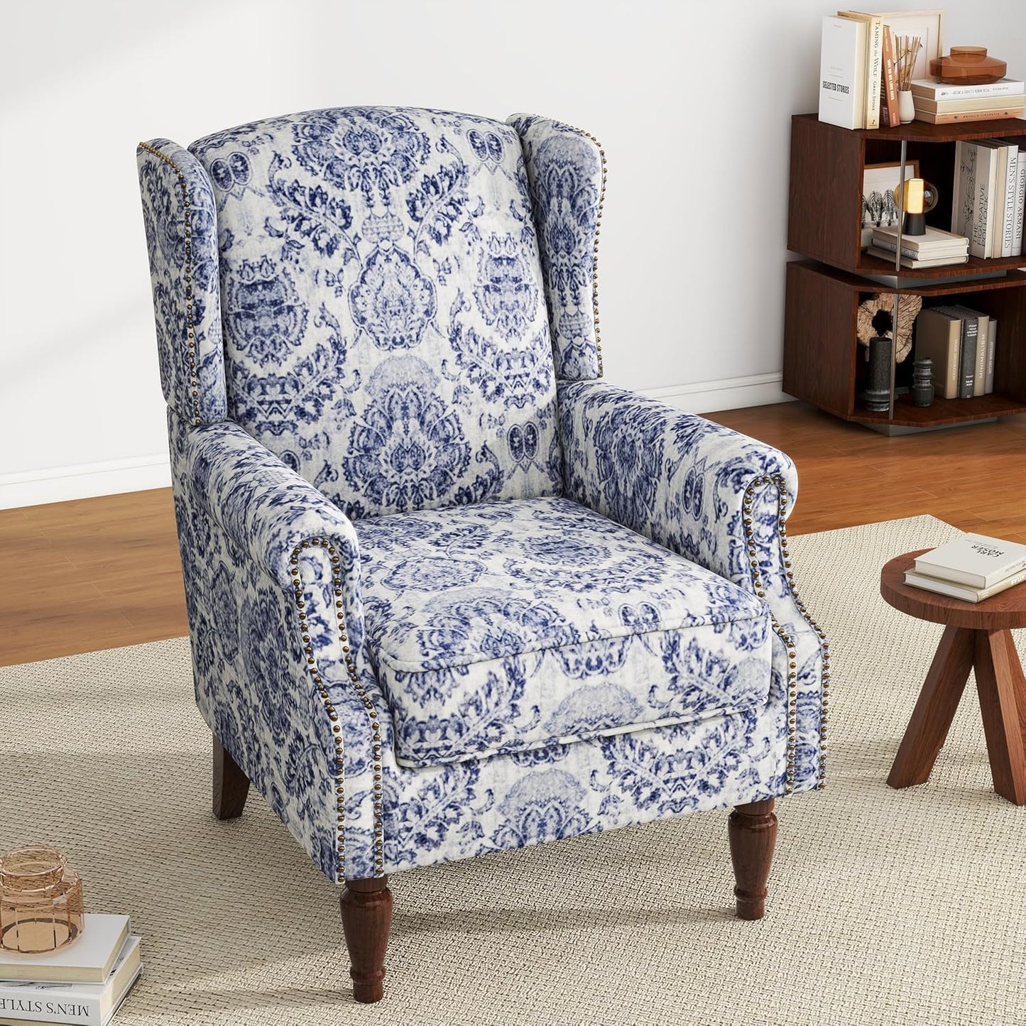 UIXE High Back Floral Accent Chair, Fabric Upholstered Armchair for Living Room, Retro Wingback Arm Chair with Solid Wood Legs, Nailhead Trim Single Sofa Bedroom Reading Seat - Navy Blue