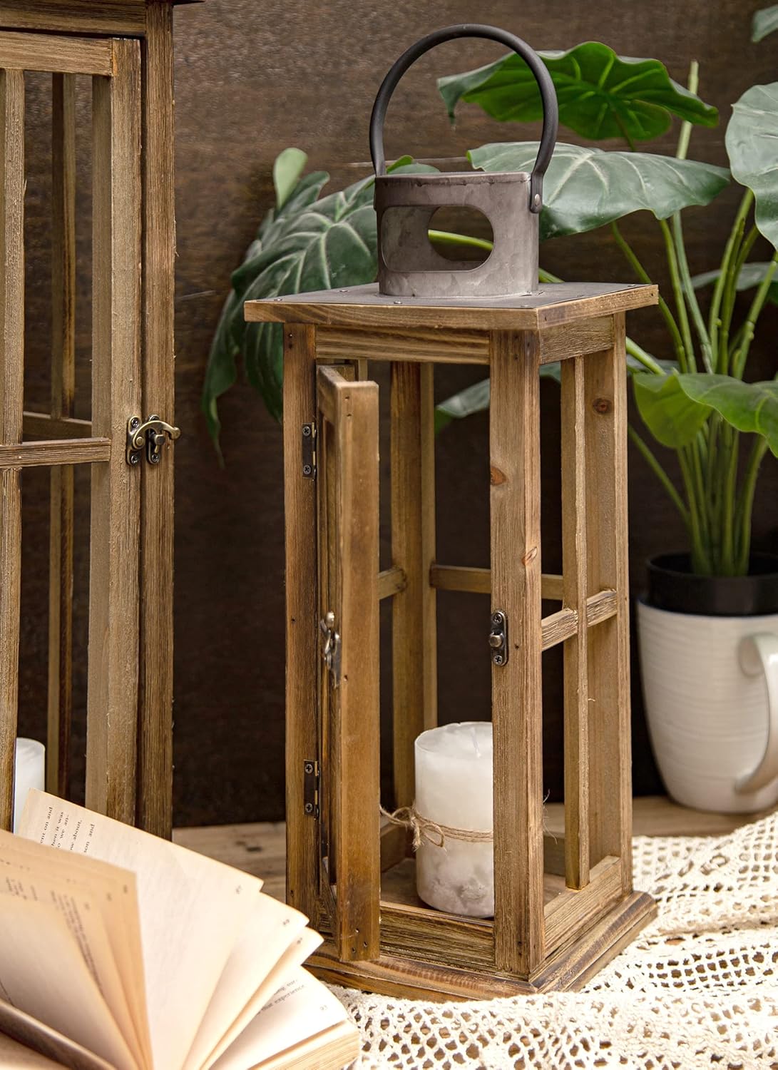 TIMRIS Large Farmhouse Wooden Metal Lantern Set of 2, Rustic Decorative Floor Candle Lanterns, Vintage Distressed Hanging Lanterns for Home Décor (No Glass)