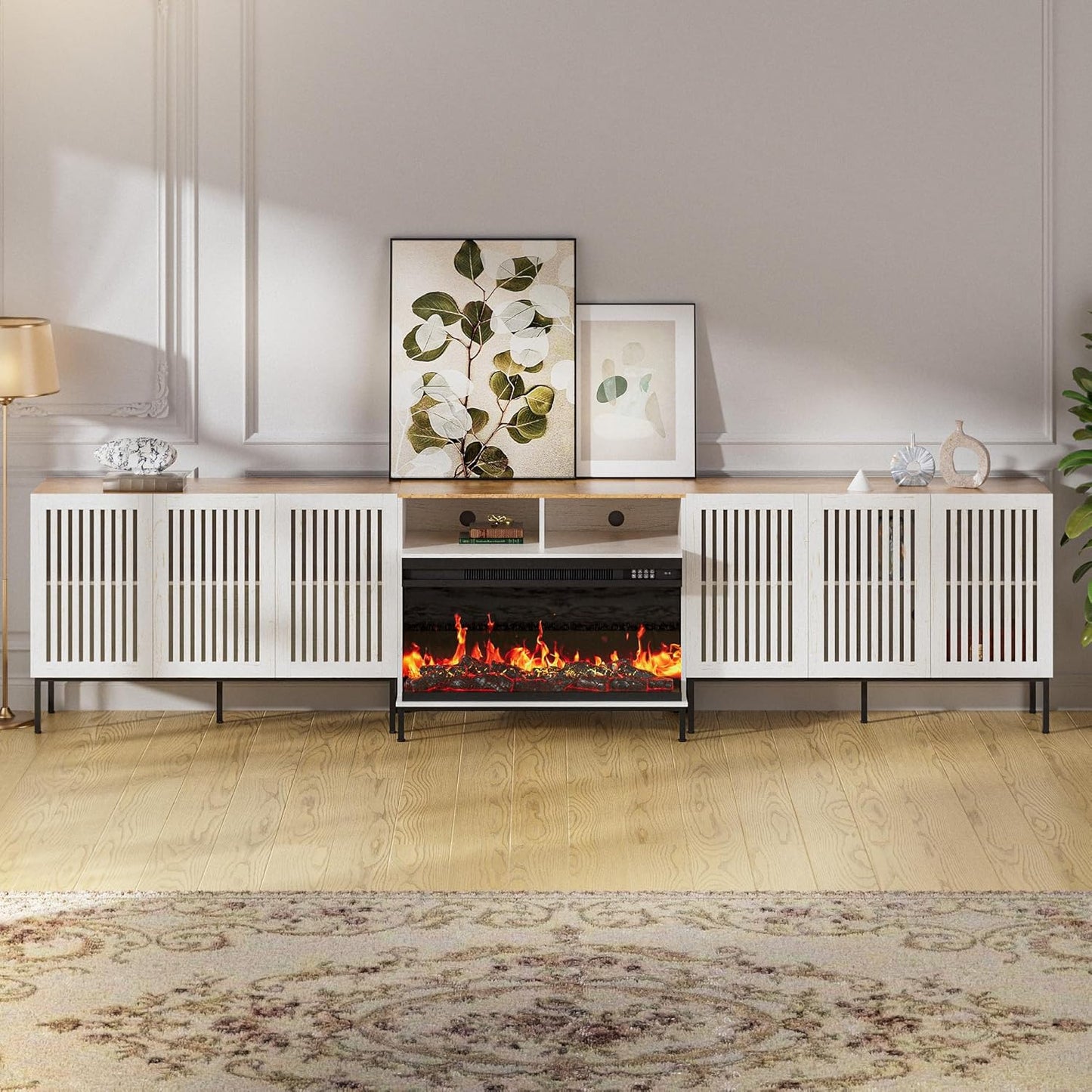 3-Sided Glass Farmhouse Fireplace TV Stand for TVs Up to 110 Inch, Entertainment Center with 36" Electric Fireplace, Antique White TV Console with Storage Cabinets for Living Room