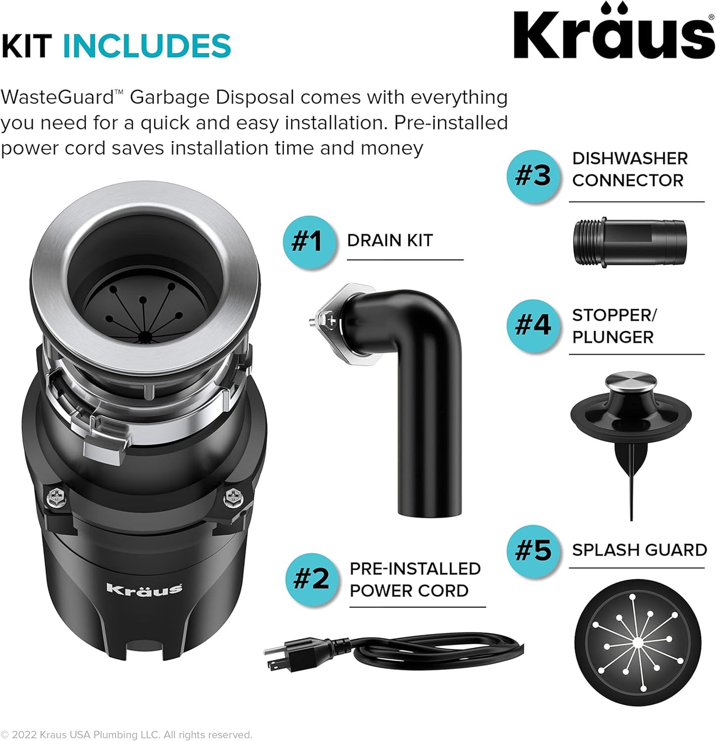 KRAUS WasteGuard 1/2 HP Continuous Feed Ultra-Quiet Motor Garbage Disposal with Quick Connect Mount, Power Cord and Flange Included, KWD110-50MBL
