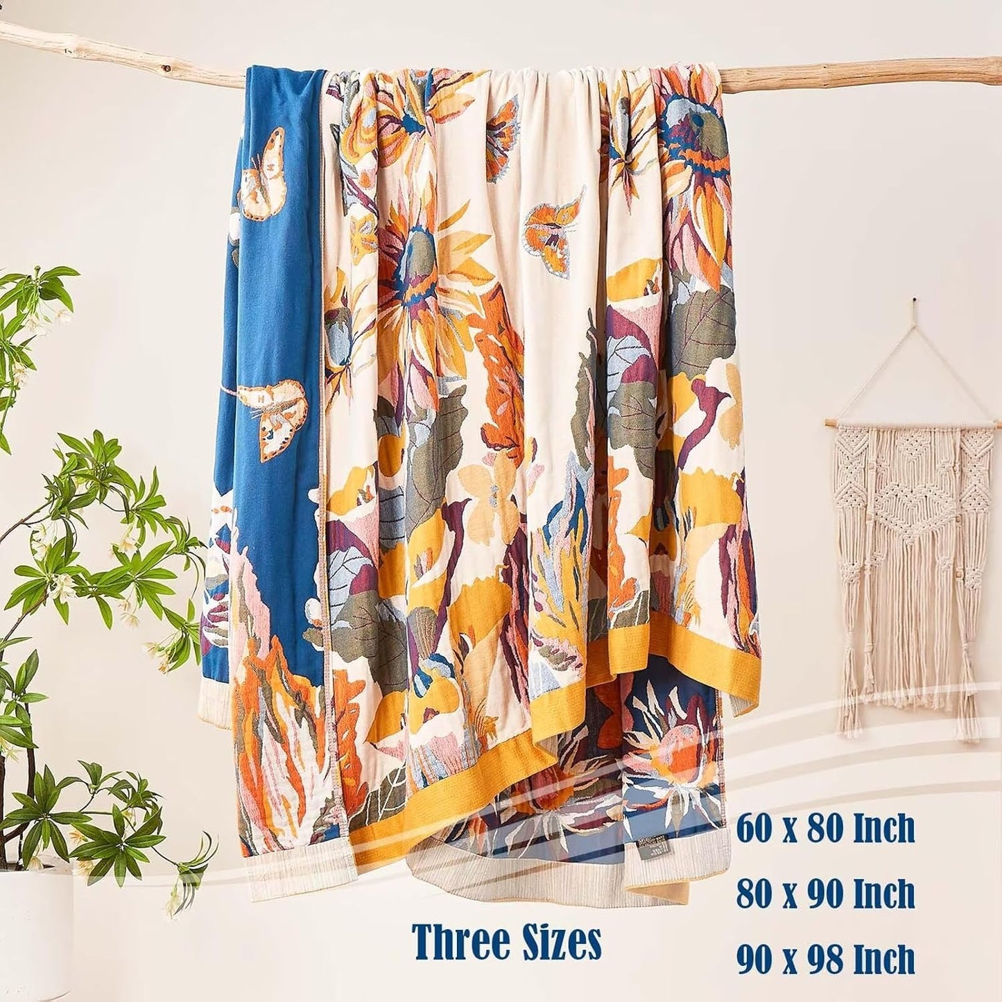 Boho Throw Blanket, 100% Cotton Ultra Soft Luxury Throw Rustic Quilt, 80"x90" Floral Bird Butterfly Farmhouse Decor Bed Blankets, All Season Rustic Reversible Bohemian Throw for Bed - Yellow