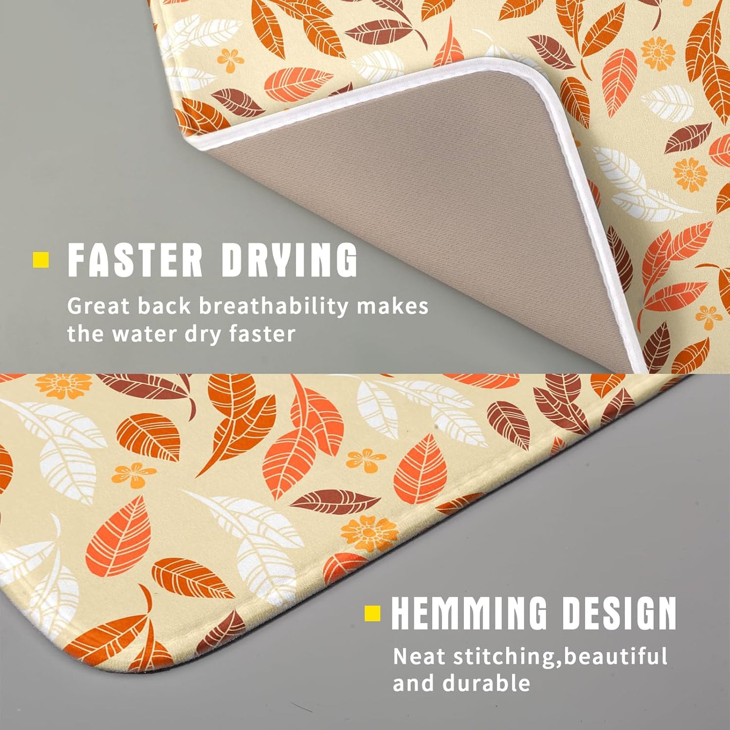 Fall Leaves Dish Drying Mat for Kitchen Counter Autumn Orange White Leaves Seasonal Super Absorbent Reversible Microfiber Kitchen Countertop Protector Dishes Pad Small 16x18 inch
