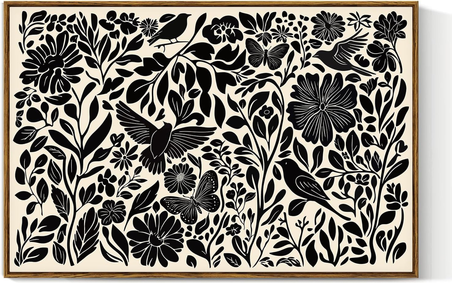 VIYYIEA Framed Canvas Wall Art, Black and White Large Wall Art for Living Room, Print Paintings, Boho Home Office Decor, Bedroom Wall Decor -【Flowers & Birds】-(24"x36")
