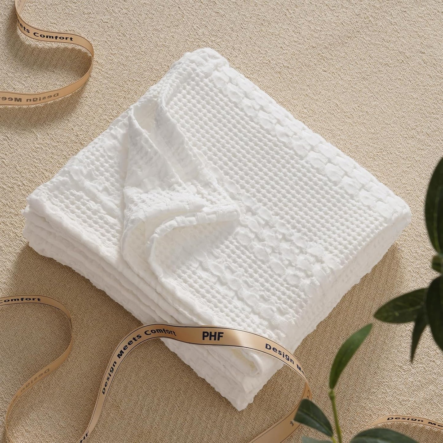 PHF 100% Cotton Waffle Weave Throw Blanket, Soft Lightweight Breathable Cozy Summer Throws for Couch Bed Sofa, Luxury Aesthetic Woven Blanket for Home Decor & Office, 50"x60", White