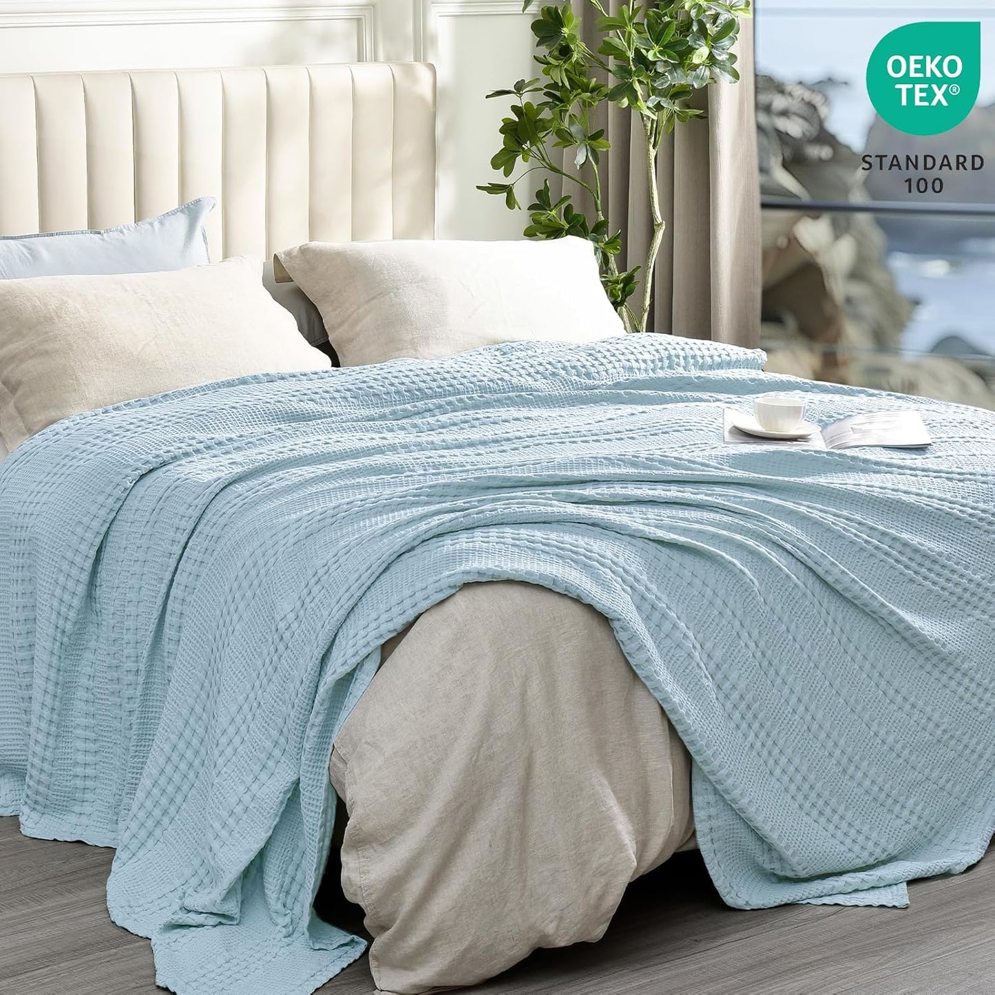 PHF Cooling Waffle Blanket Queen Size,Lightweight 60% Rayon Derived from Bamboo & 40% Cotton Breathable Blanket for Hot Sleepers, Soft and Luxury for Bed Couch and Sofa, 90"x90",Sky Blue