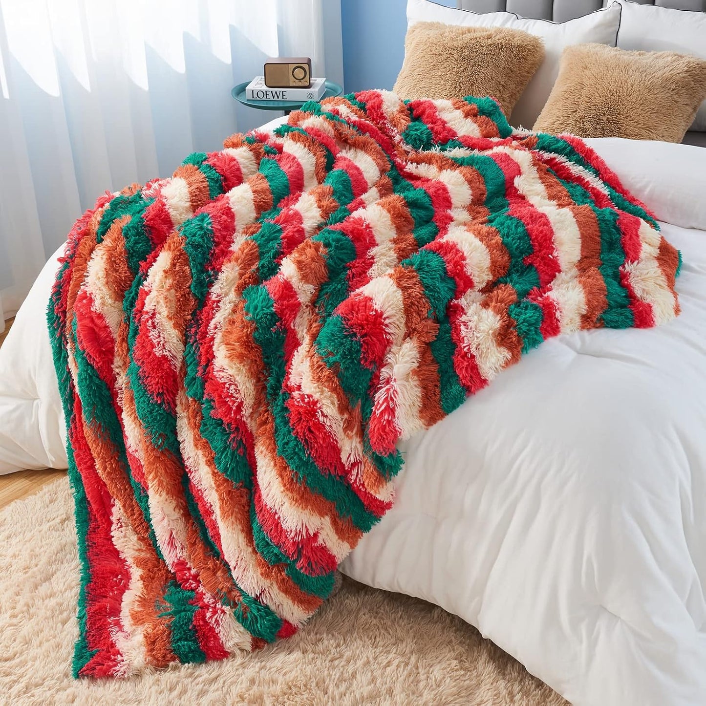 GONAAP Fuzzy Faux Fur Throw Blanket Stripe Red Brown Super Soft Cozy Plush Fuzzy Shaggy Blanket for Couch Sofa Bed (Stripe Red Brown, Throw(50"x60"))