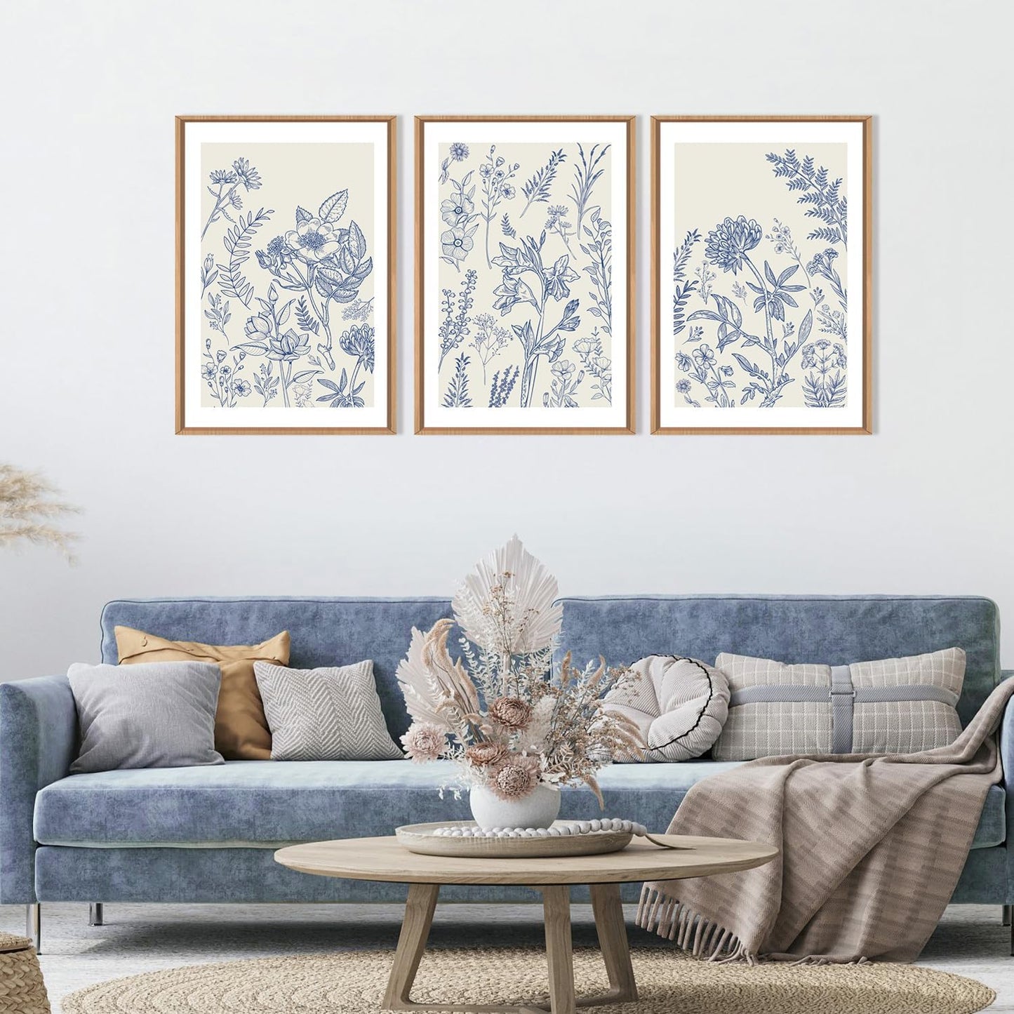 HPINUB Classic Chinoiserie Floral Framed Canvas Wall Art Set,Watercolor Blue and White Botanical Flowers Wall Decor,Navy Blue Minimalist Wildflower Art Print for Living Room,Bedroom,Office-24x36x3
