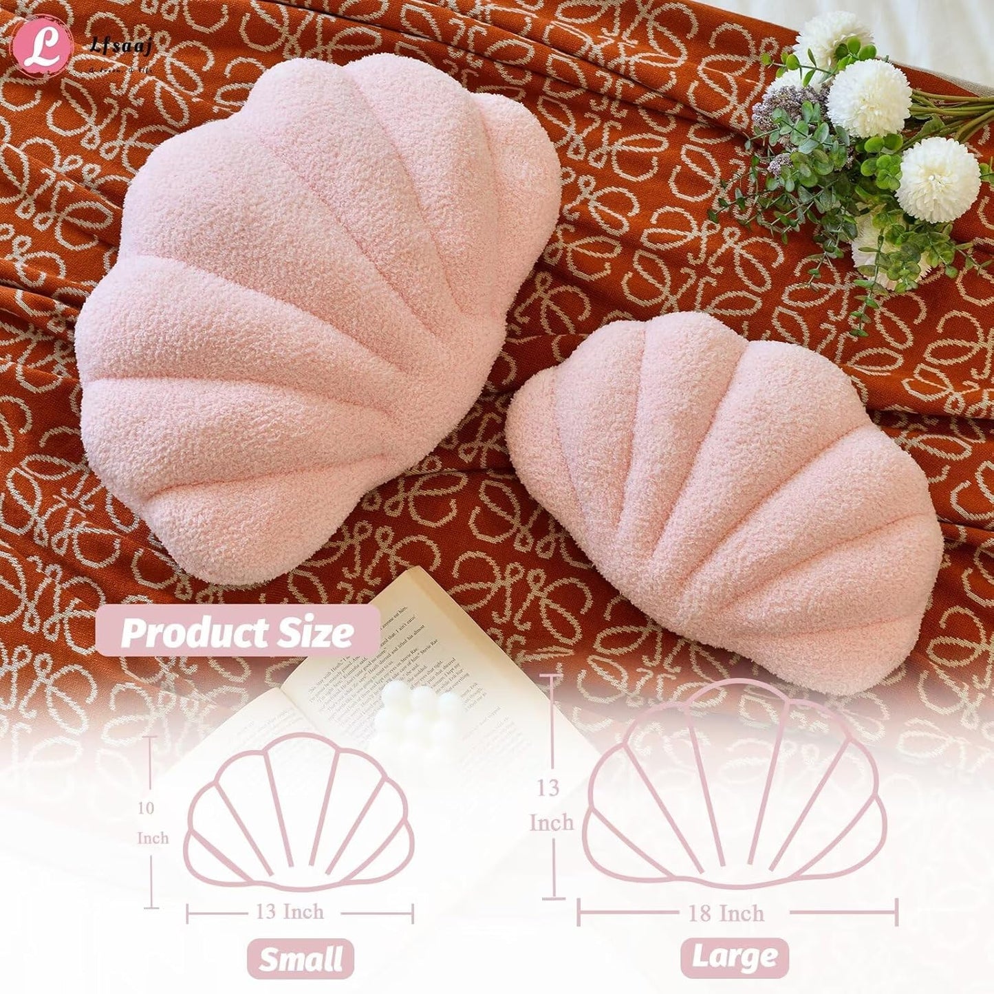 Pink Seashell Throw Pillows, Shell Shaped Throw Pillows, 13 Inch Soft Home Decorative Pillow Plush Cushion for Bed Couch Living Sofa Room Decor Accent Throw Pillow