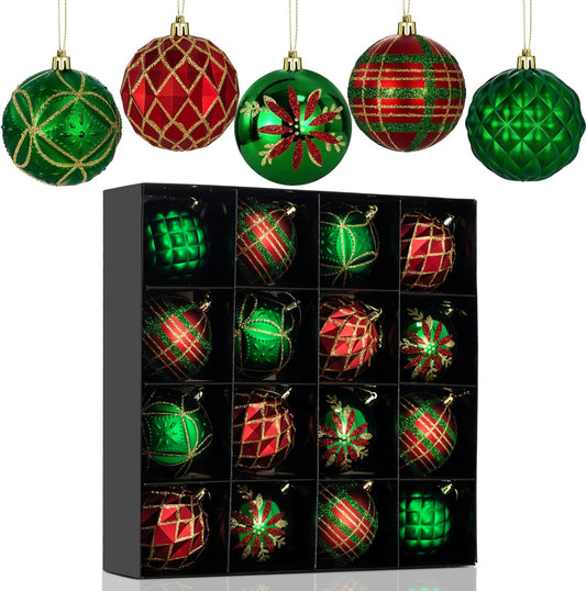 LARAINE Christmas Balls Ornaments 16 Pcs Decorations for Christmas Tree, Shatterproof Hanging Ball Variety Gift Set of Holiday Party Wedding Decoration (Green Red)