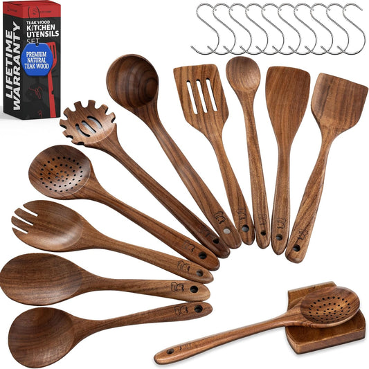PriorityChef Premium Wooden Spoons for Cooking - 10pc with Spoon Rest and Hanging Hooks, Smooth Finish Teak Wooden Utensil Set, Heat-Resistant & Nonstick Safe, Ideal for Gifting