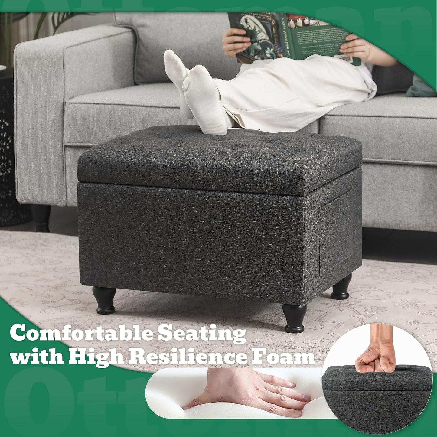 Ottoman with Storage 24'' Storage Ottomans Linen Fabric Ottoman Footstools Small Upholstered Foot Rest Stool for Couch, Living Room, Bedroom, Entrance Shoe Bench Dark Grey