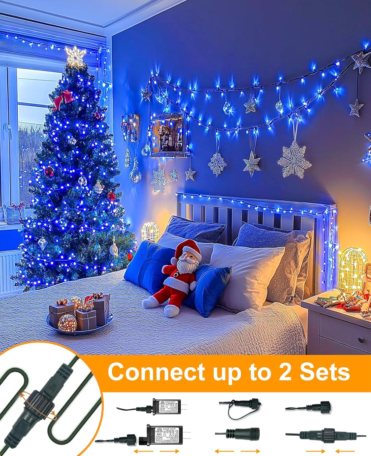 Christmas Lights Outdoor, 157FT 480 LED Plug in Christmas Tree Lights Waterproof, 8 Modes Green Wire Fairy String Light for Indoor Bedroom Garden Patio Porch Xmas Wedding Party Decorations, Blue