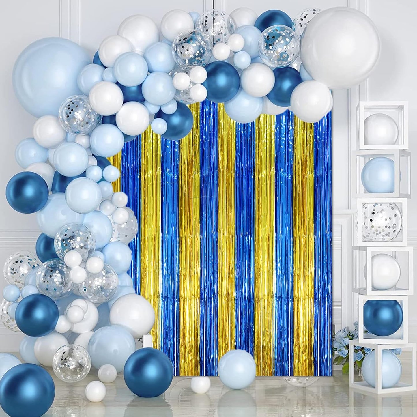 3 Pack 3.3 x 8.2 ft Blue Gold Foil Fringe Backdrop Curtains, Tinsel Streamers Party Decorations, Fringe Backdrop, Door Shimmer for Father's Day Graduation or Birthday Party