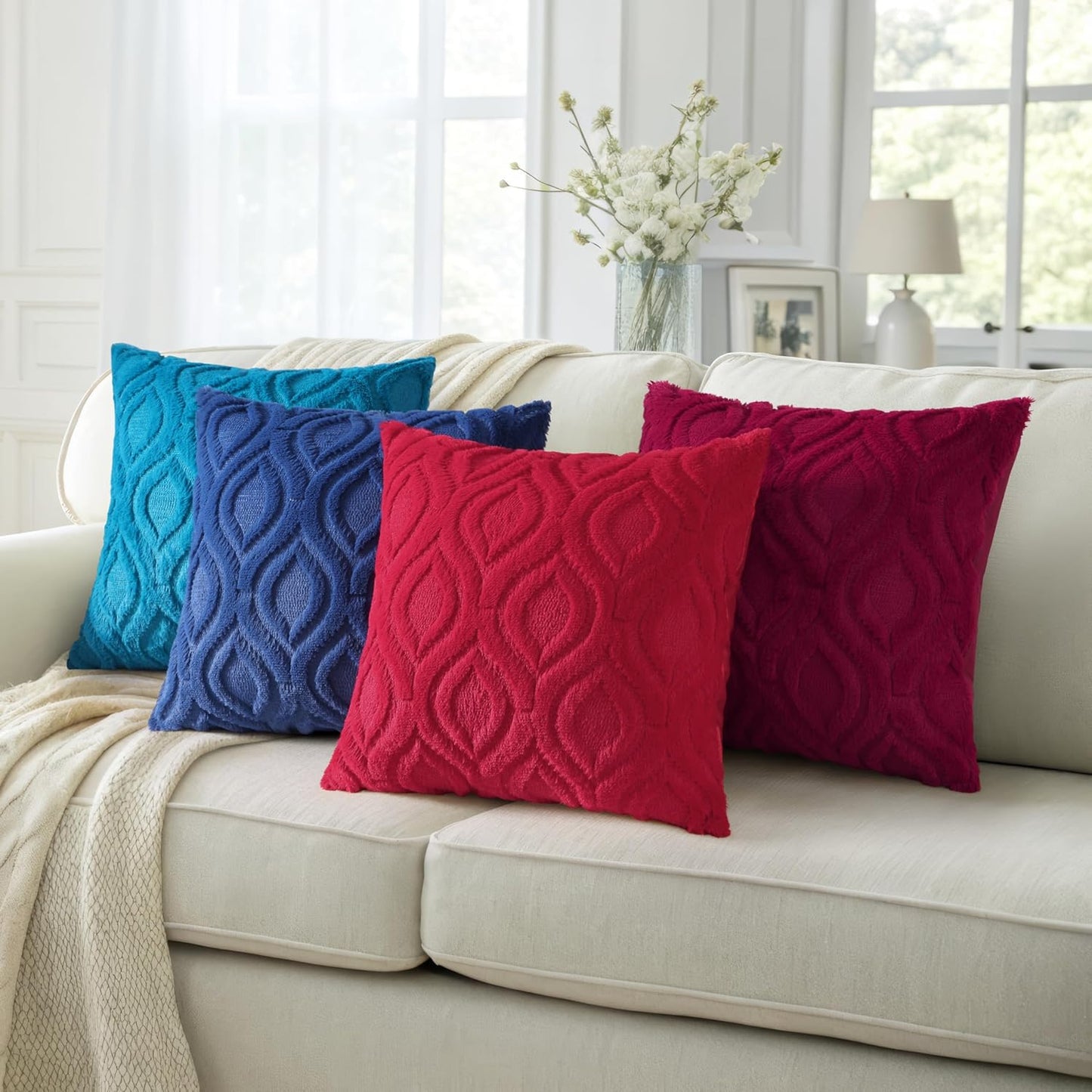 decorUhome Fall Throw Pillow Covers 12x20 Inch Set of 2, Soft Plush Decorative Faux Fur Turquoise Solid Couch Pillow Covers, Accent Farmhouse Neutral Lumbar Euro Pillow Cases for Sofa Bed Living Room