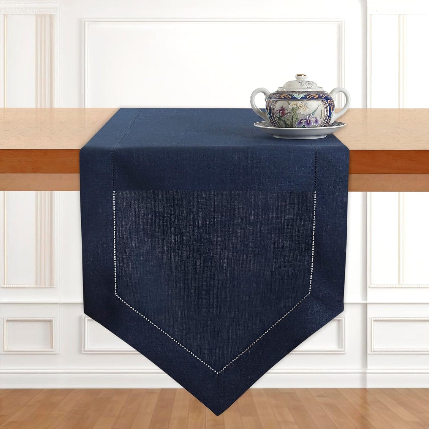 D'Moksha Homes Navy Blue Linen Table Runner 120 Inches Long - 100% Pure Linen Diamond Table Runner 14 x 120 Inch for Dining, Fall and Halloween - Machine Washable
