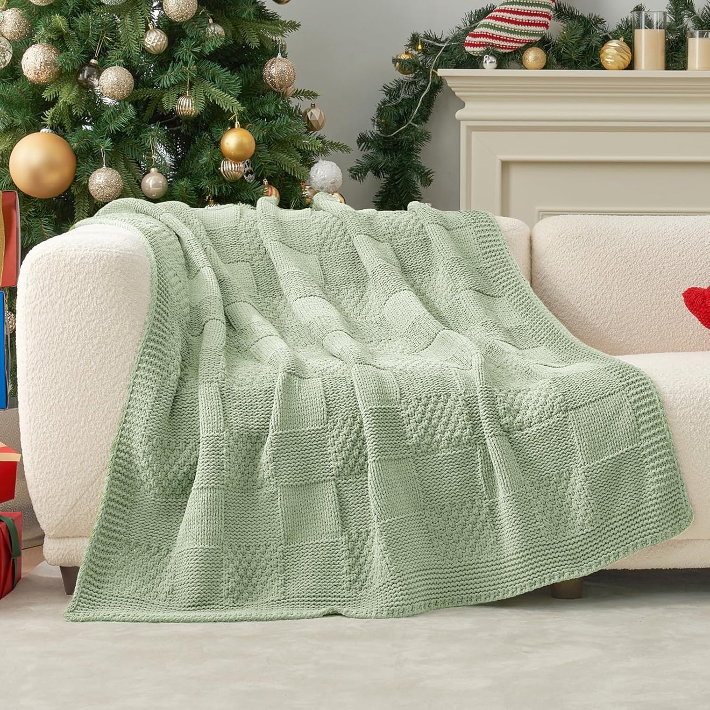 Amélie Home Chenille Knit Throw Blanket for Couch, Checkered Texture Decorative Soft Blanket for Sofa, Bed & Living Room, 60"x80", Sage Green