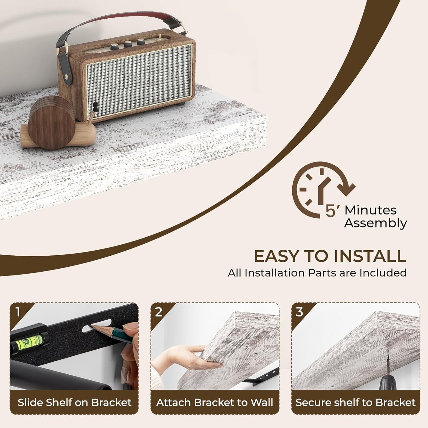 RICHFOCUS 24Inch Floating Shelves for Wall 2 Pack Shelves for Bedroom|Kitchen|Bathroom Wall Mounted Rustic Distressed Wood Floating Shelf with Invisible Brackets for Books|Storage|Decor, Rustic