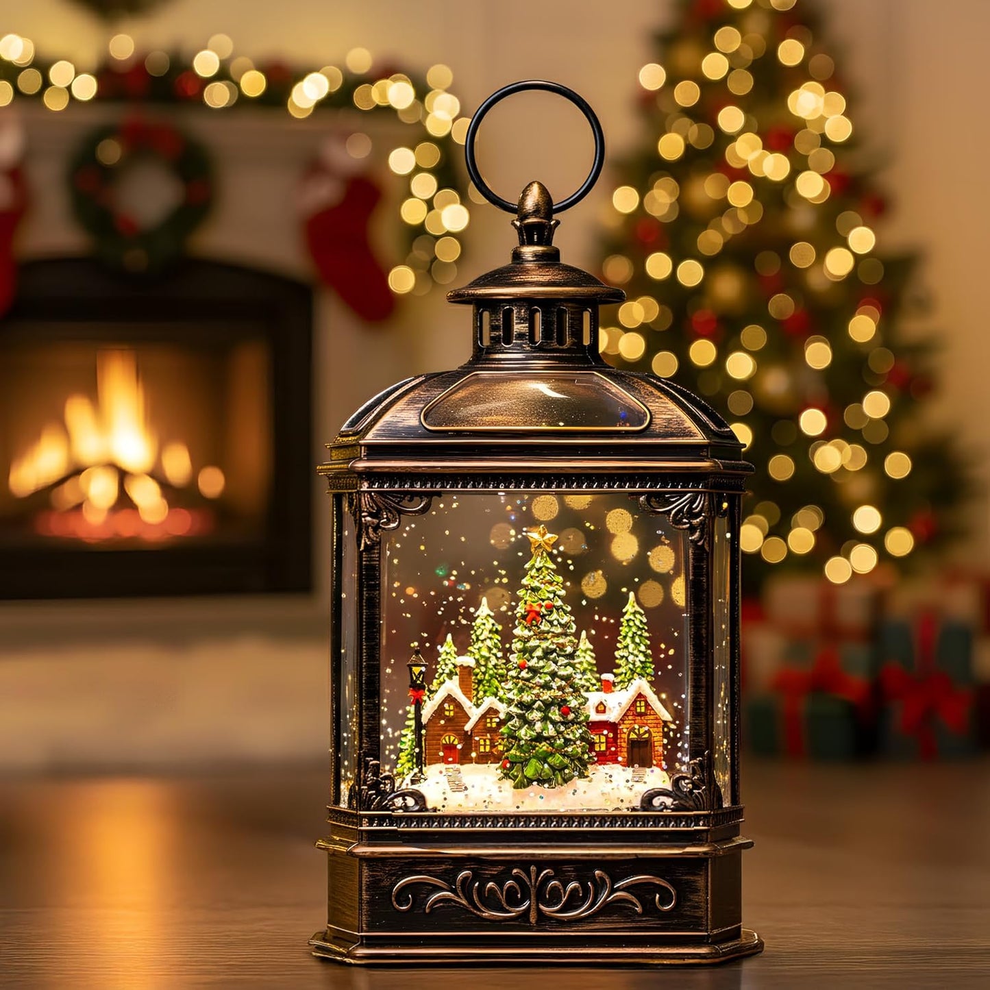 Christmas Snow Globe Lantern Water Glittering Xmas Village with Music & Timer, USB Lined/Battery Operated Lighted Lantern for Christmas Festival Decoration Gifts