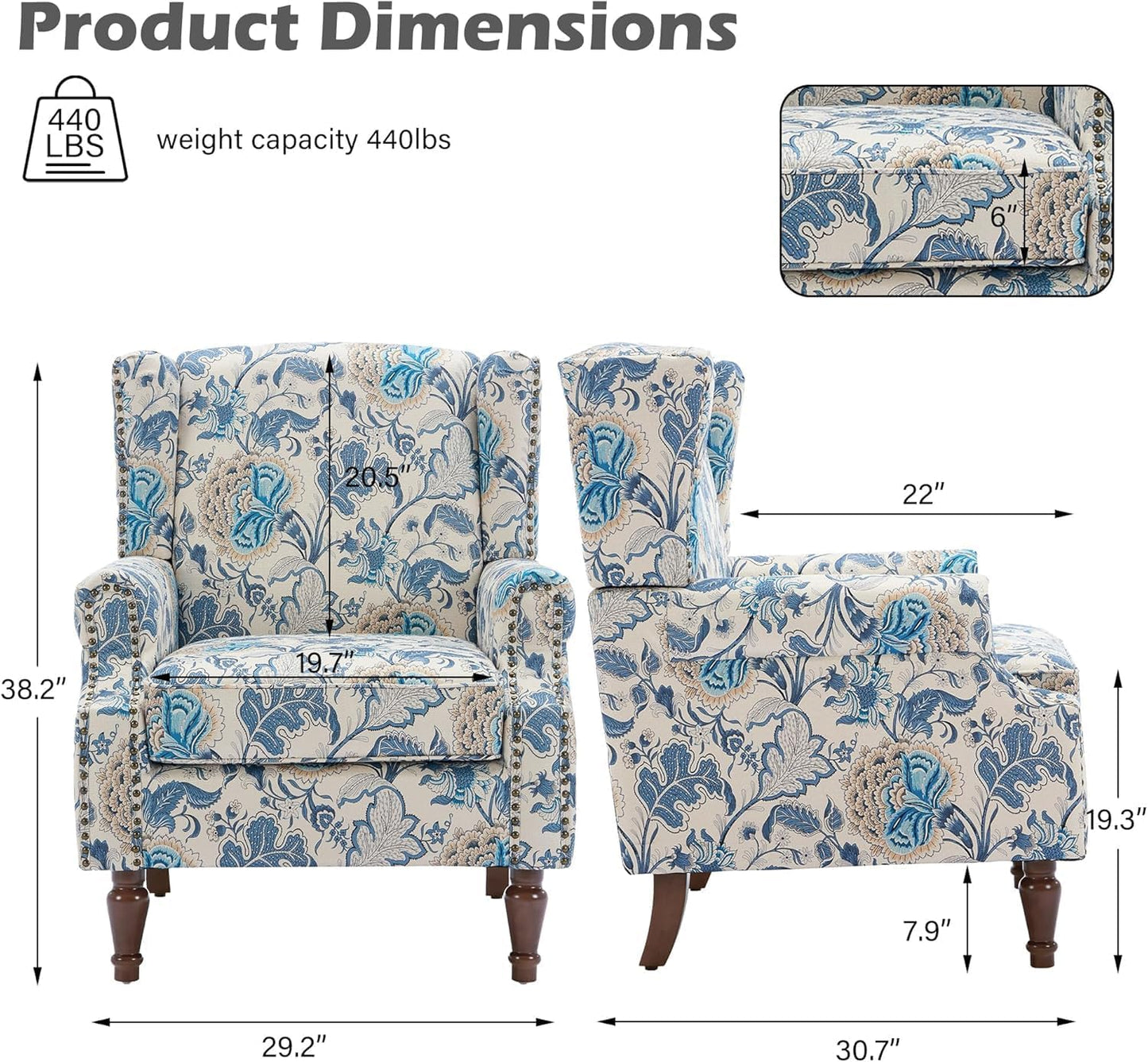 UIXE High Back Floral Accent Chair, Fabric Upholstered Armchair for Living Room, Retro Printed Wingback Arm Chair Nailhead Trim Single Sofa Bedroom Reading Seat - Boho Blue