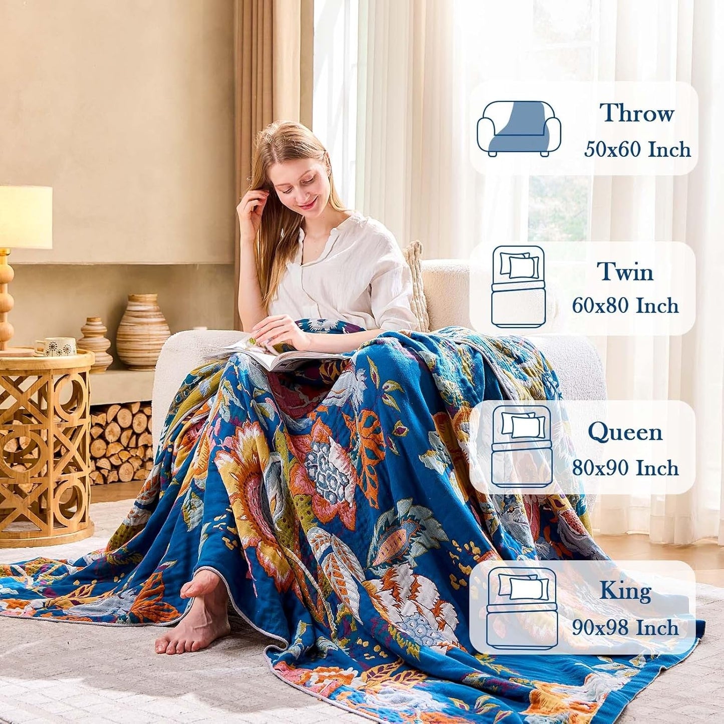 Boho Throw Blanket, Blue Lightweight Blankets for Summer, 100% Cotton Bohemian Decorative Throw Blanket, 90"x98" Reversible Muslin Breathable Woven Farmhouse Blankets Quilt,