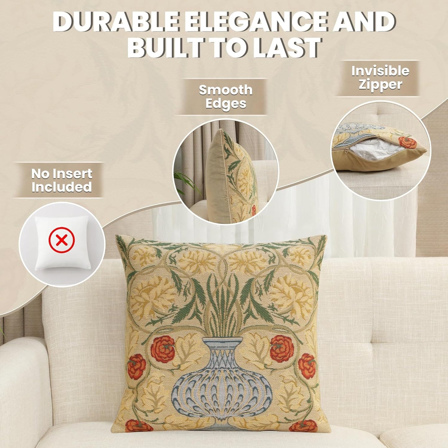 Charlotte Home Furnishings Throw Pillow Covers, Decorative Boho Pillow Covers for Couch, Living Room, Yellow Rose Square Cushion Cases 18x18 in, European Cotton Jacquard Woven for Cozy Bedroom Decor