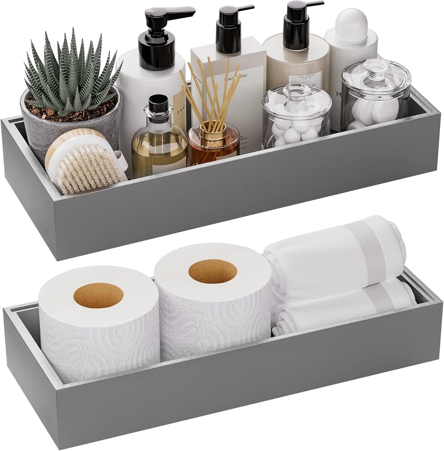 Kitchen Drawer Organizer Bins, Stackable Bamboo Drawer Organizer for Silverware, 2 Pcs Toilet Paper Basket Holder, Wood Bathroom Tray Countertop, Toilet Tank Tray Silver 15" x 6" x 2.5"