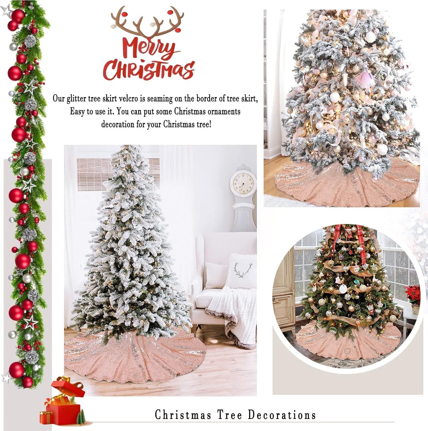 Tree Skirt 48 Inch Sequin Rose Gold Tree Skirt Christmas Decorations