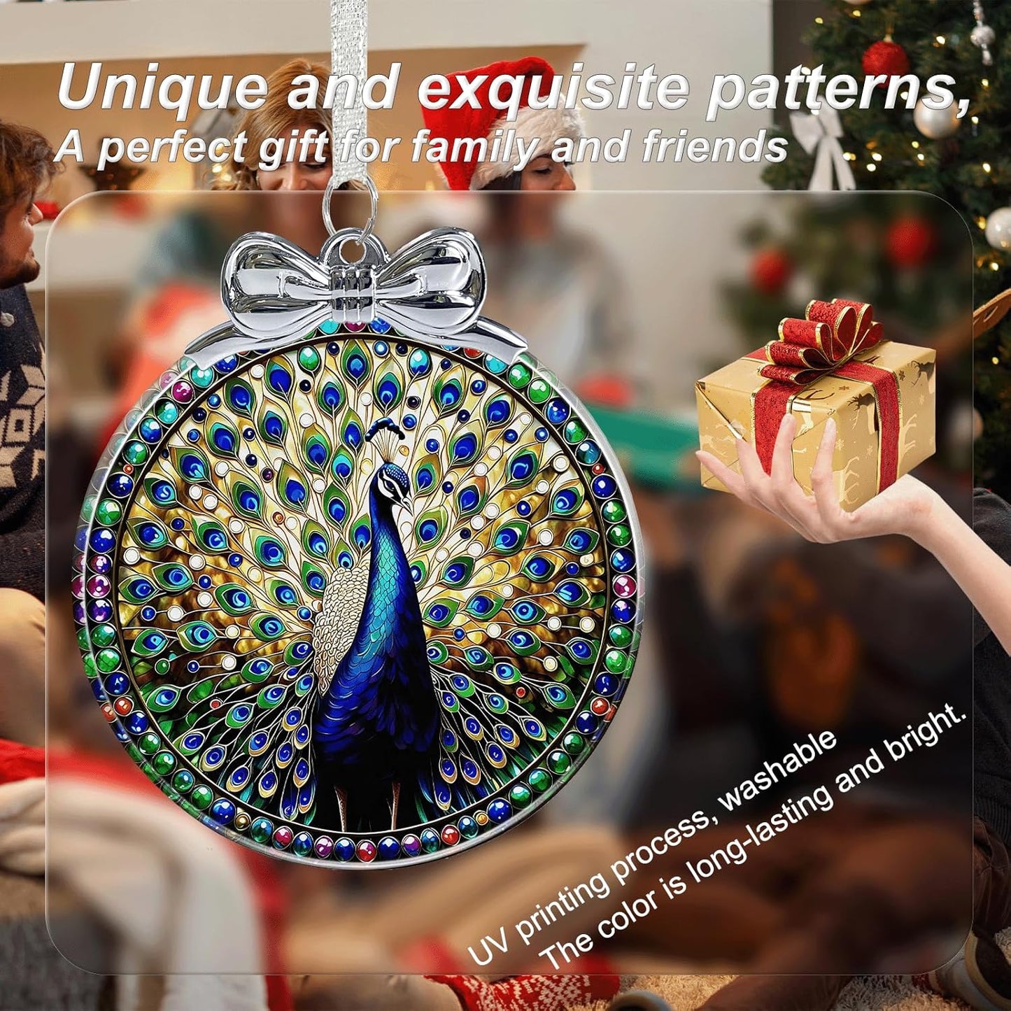 Peacock Stained Glass Christmas Ornament - Hanging Ornaments for Christmas Tree Decorations -Holiday Keepsake Present Exchange Idea