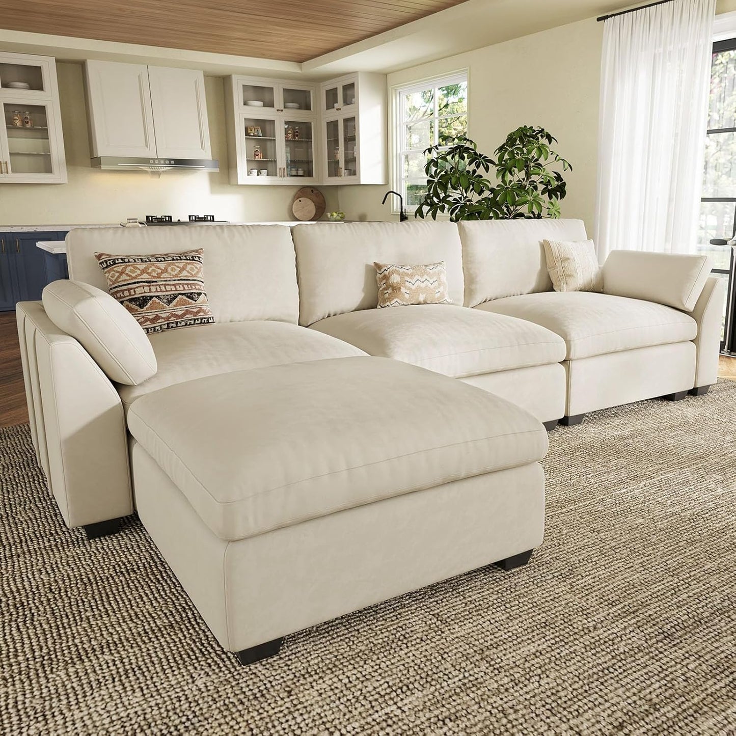 Belffin Extra Large Modular Sectional Sofa,106.3" 4-Seater L Shaped Couch,Velvet Convertible Sectional Couches for Living Room,Comfy Upholstered Modern Cloud Couch,Beige Sofa