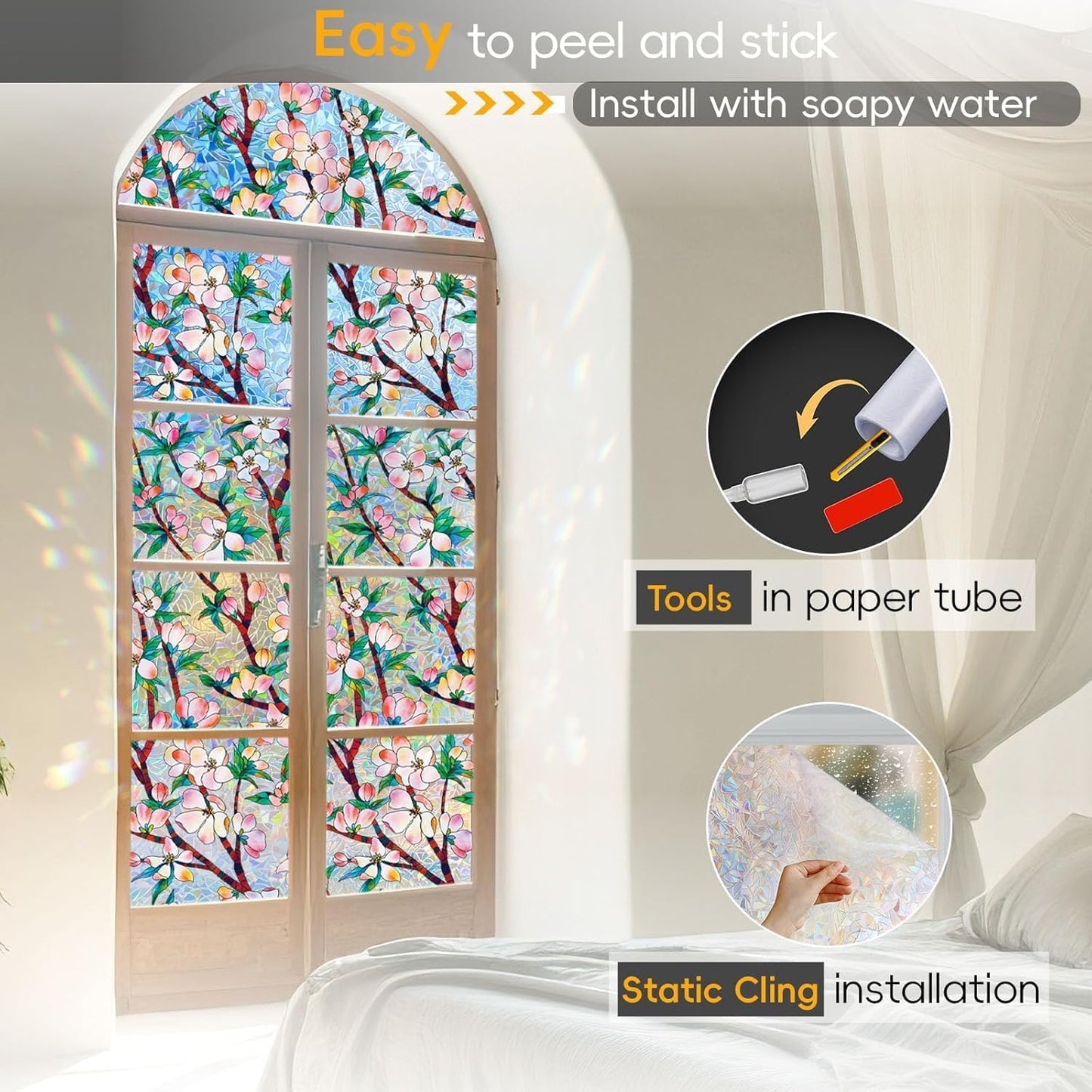 Rainbow Window Privacy Film Decorative, 3D Decals Stained Glass Clings, Static Cling Sticker, Suncatcher Windows Cover Tint for Home, 35.4 Inch x 157.4 Inch