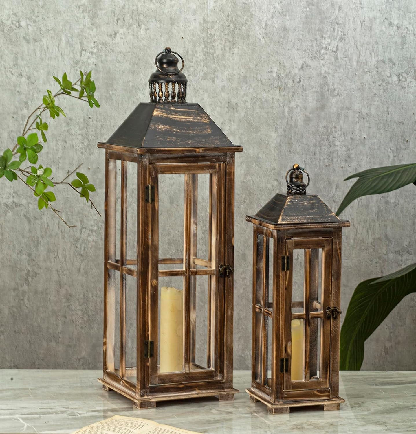 Large Farmhouse Wooden Decorative Lantern Set of 2, Rustic Distressed Brown Burnt Wood Floor Candle Lanterns, Indoor/Outdoor Hanging Lanterns for Home Decor (No Glass)